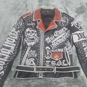 Studded Black and Red Punk Rock leather Jacket Custon Made